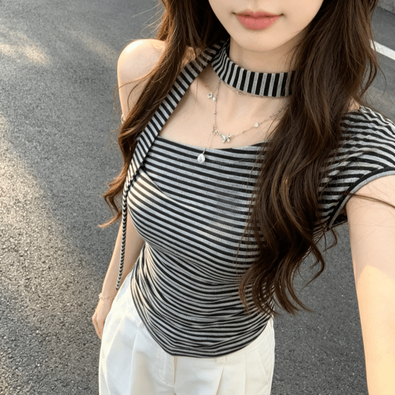 아메리칸 비스듬한 칼라 오프숄더 스트라이프 반팔 티셔츠 여성 2026 새로운 여름 작은 대중 디자인 센스 몸매 가꾸기 슬림해 보이는 맨위 상세 이미지 5