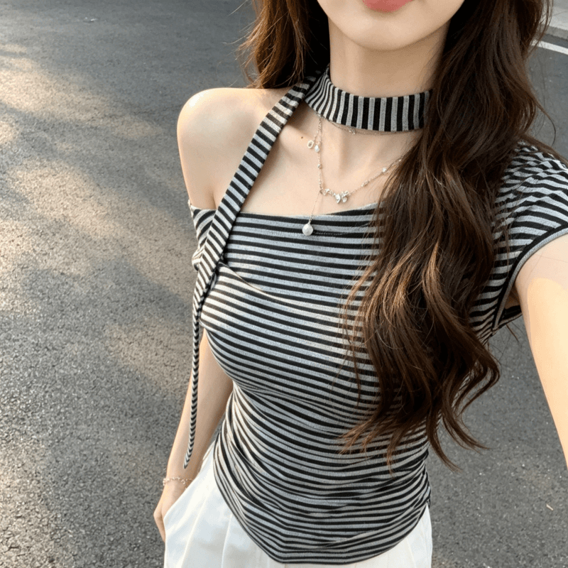 아메리칸 비스듬한 칼라 오프숄더 스트라이프 반팔 티셔츠 여성 2026 새로운 여름 작은 대중 디자인 센스 몸매 가꾸기 슬림해 보이는 맨위 상세 이미지 7