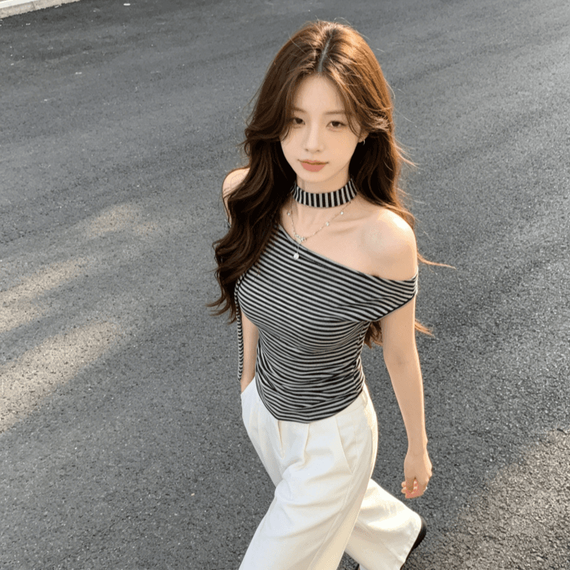 아메리칸 비스듬한 칼라 오프숄더 스트라이프 반팔 티셔츠 여성 2026 새로운 여름 작은 대중 디자인 센스 몸매 가꾸기 슬림해 보이는 맨위 상세 이미지 8