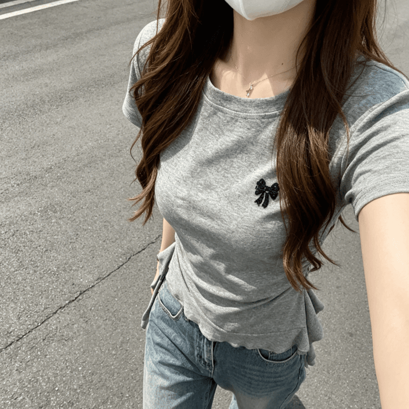 순면 리브 220 그램 반팔 티셔츠 여성 의류 여름 새로운 리본 나비 매듭 슬림해 보이는 라운드 넥 맨위 이미지 2