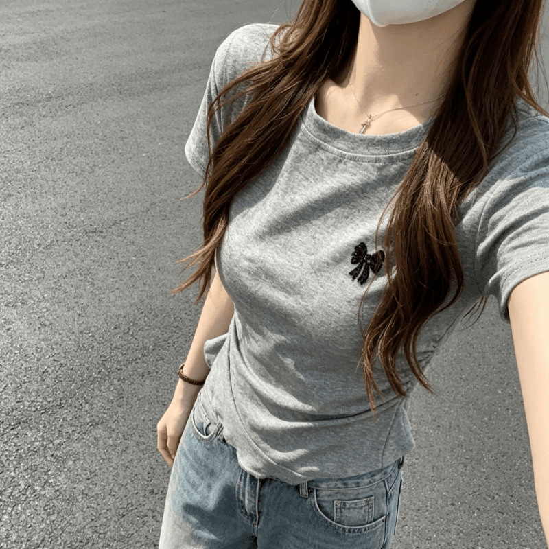 순면 리브 220 그램 반팔 티셔츠 여성 의류 여름 새로운 리본 나비 매듭 슬림해 보이는 라운드 넥 맨위 이미지 4