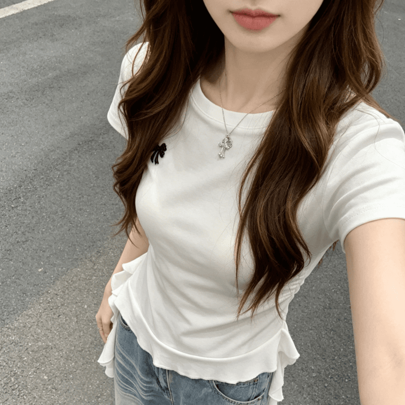 순면 리브 220 그램 반팔 티셔츠 여성 의류 여름 새로운 리본 나비 매듭 슬림해 보이는 라운드 넥 맨위 상세 이미지 2
