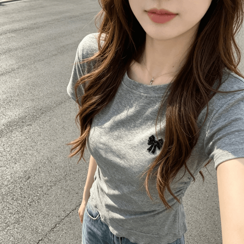 순면 리브 220 그램 반팔 티셔츠 여성 의류 여름 새로운 리본 나비 매듭 슬림해 보이는 라운드 넥 맨위 상세 이미지 10