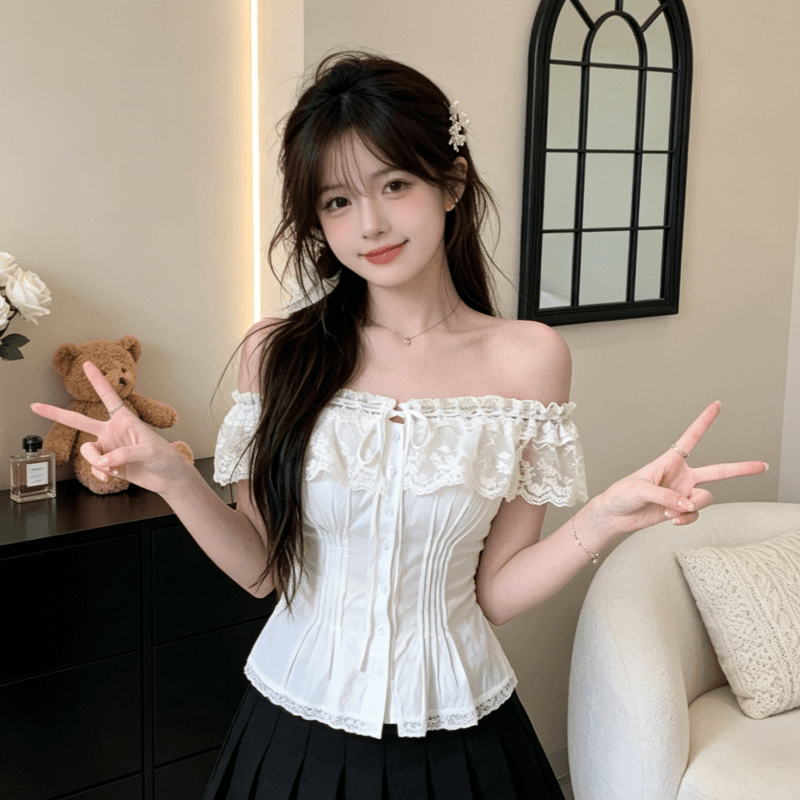 달콤함 레이스 레이스 품격 오프숄더 셔츠 여성 의류 2026 여름 새로운 핫걸 작은 대중 그레이트 봐. 의류 이미지 5