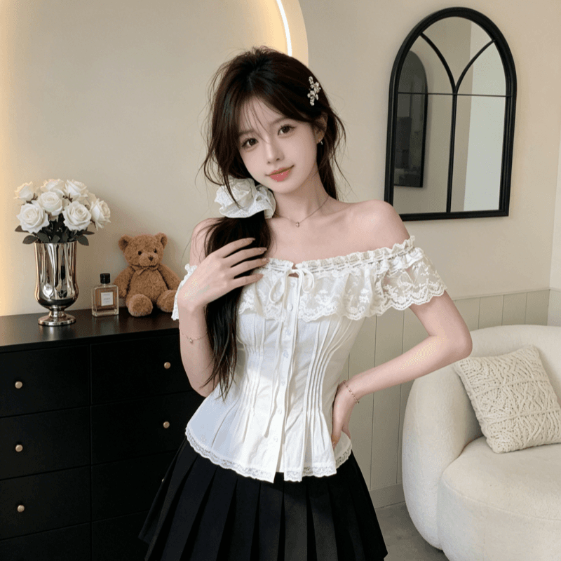 달콤함 레이스 레이스 품격 오프숄더 셔츠 여성 의류 2026 여름 새로운 핫걸 작은 대중 그레이트 봐. 의류 이미지 2