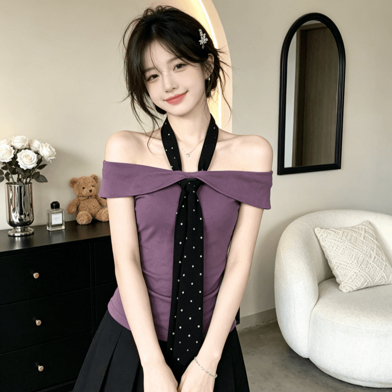 한 부서 순수한 욕망 도트 무늬 넥타이 오프숄더 반팔 티셔츠 여성 여름 몸매 가꾸기 슬림해 보이는 디자인 맨위 이미지 2