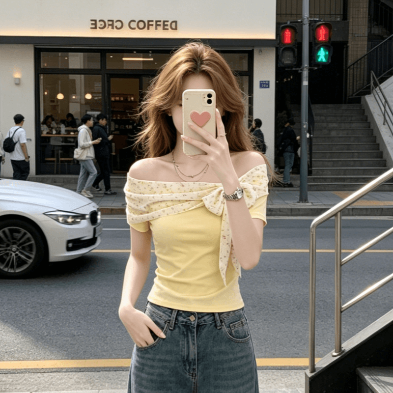 부드러운 바람 레이스업 나비 매듭 반팔 맨위 여성 여름 패션 다용도 출퇴근 몸매 가꾸기 슬림해 보이는 티셔츠 상세 이미지 3