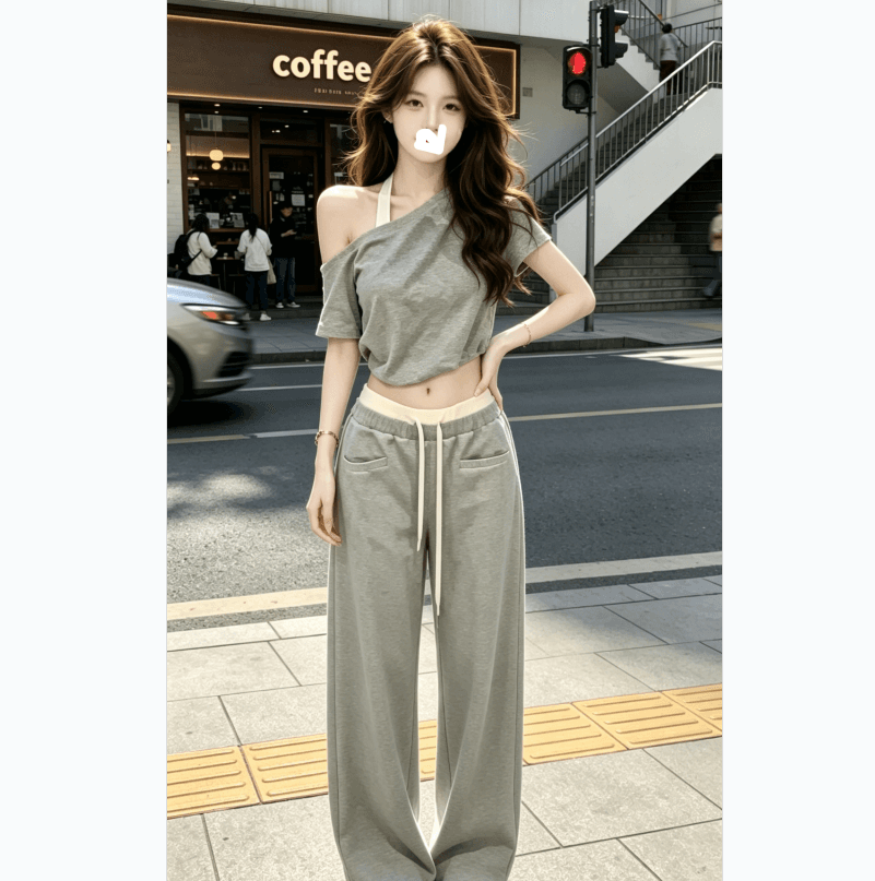 그레이트 통해보기 가져 가라. 전체 집합 2026 새로운 회색 비스듬한 어깨 의류 여성 여름 와이드 레그 팬츠 캐주얼 세트 이미지 3