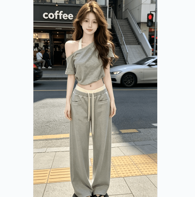 그레이트 통해보기 가져 가라. 전체 집합 2026 새로운 회색 비스듬한 어깨 의류 여성 여름 와이드 레그 팬츠 캐주얼 세트 상세 이미지 1