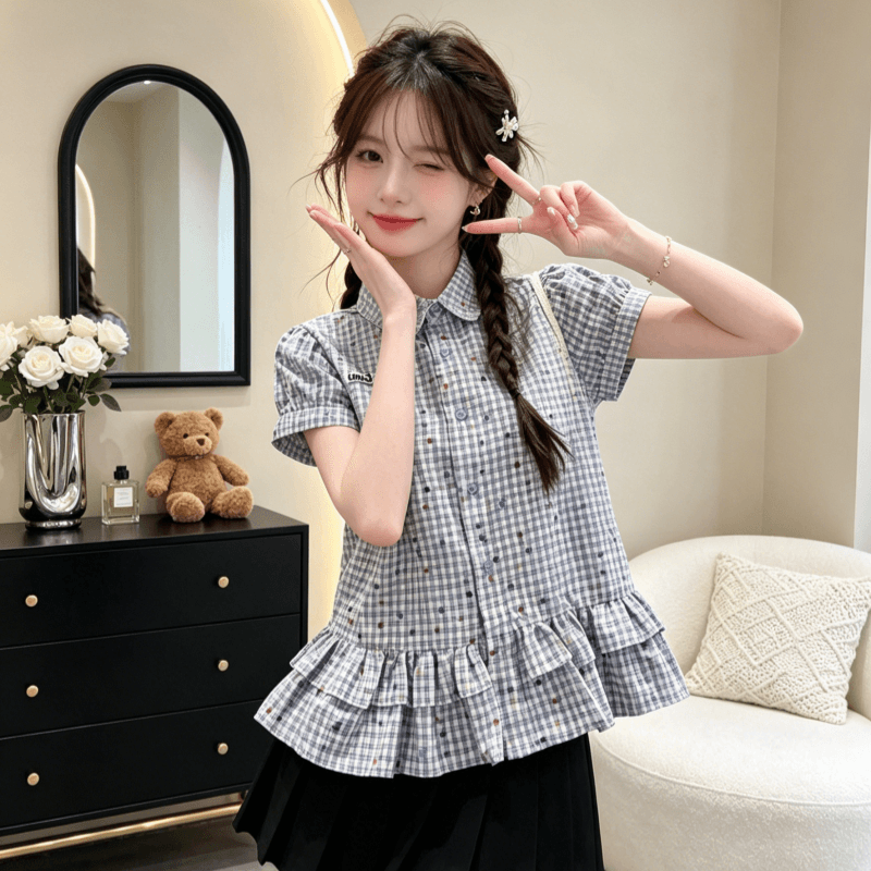 새로운 여름 일본과 한국 부서 프릴 반팔 여성 셔츠 자이언트 잘 생긴 루즈핏 슬림해 보이는 아름다운 맨위 상세 이미지 4