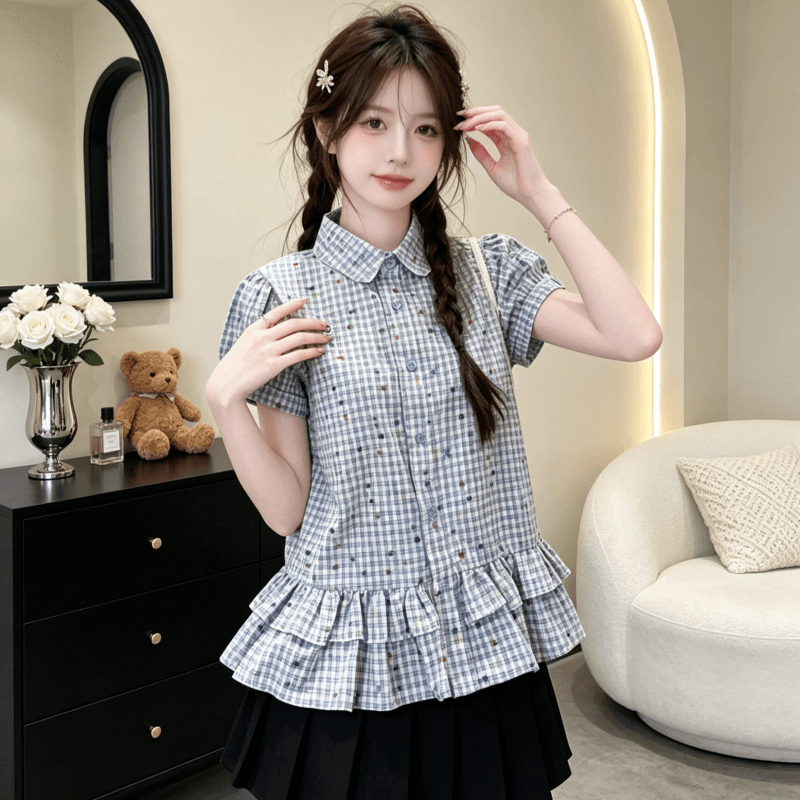 새로운 여름 일본과 한국 부서 프릴 반팔 여성 셔츠 자이언트 잘 생긴 루즈핏 슬림해 보이는 아름다운 맨위 상세 이미지 8