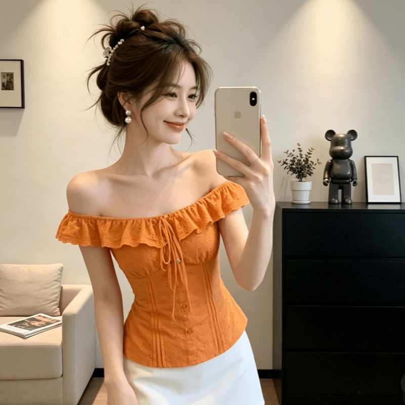 한여름 달콤한 오렌지색 활력 디스플레이 화이트 2026 여름 새로운 맨위 여성 프랑스식 프릴 칼라 몸매 가꾸기 셔츠 이미지 2