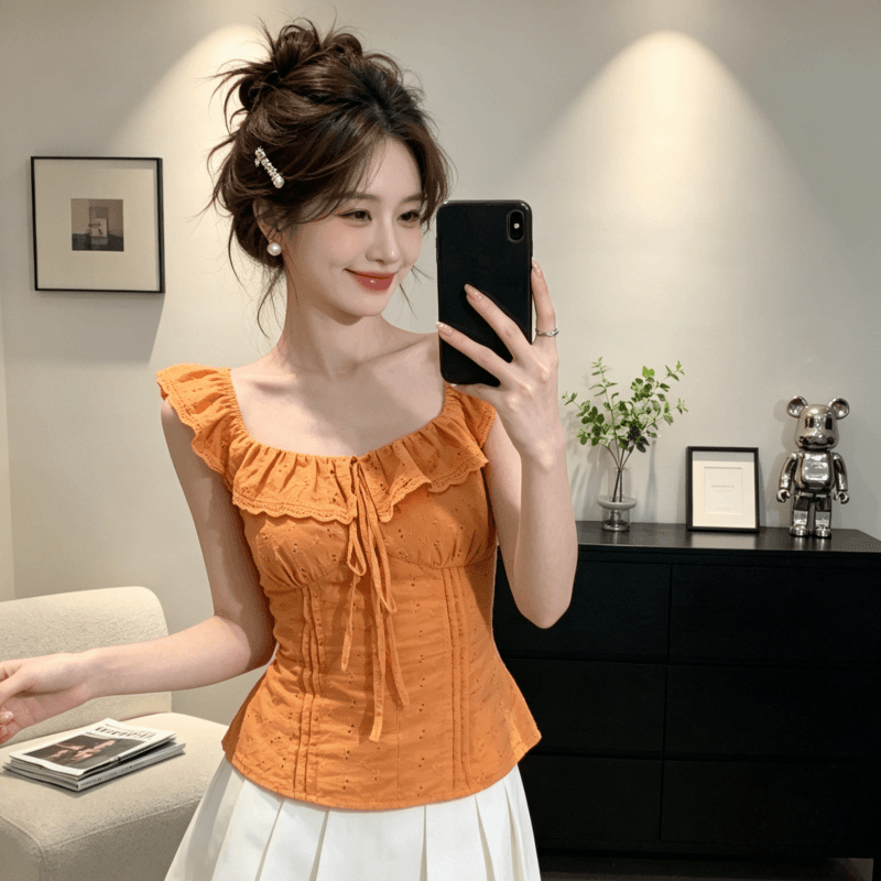 한여름 달콤한 오렌지색 활력 디스플레이 화이트 2026 여름 새로운 맨위 여성 프랑스식 프릴 칼라 몸매 가꾸기 셔츠 이미지 5
