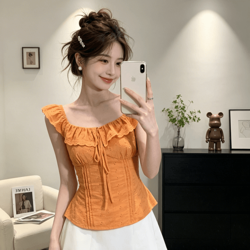 한여름 달콤한 오렌지색 활력 디스플레이 화이트 2026 여름 새로운 맨위 여성 프랑스식 프릴 칼라 몸매 가꾸기 셔츠 상세 이미지 7