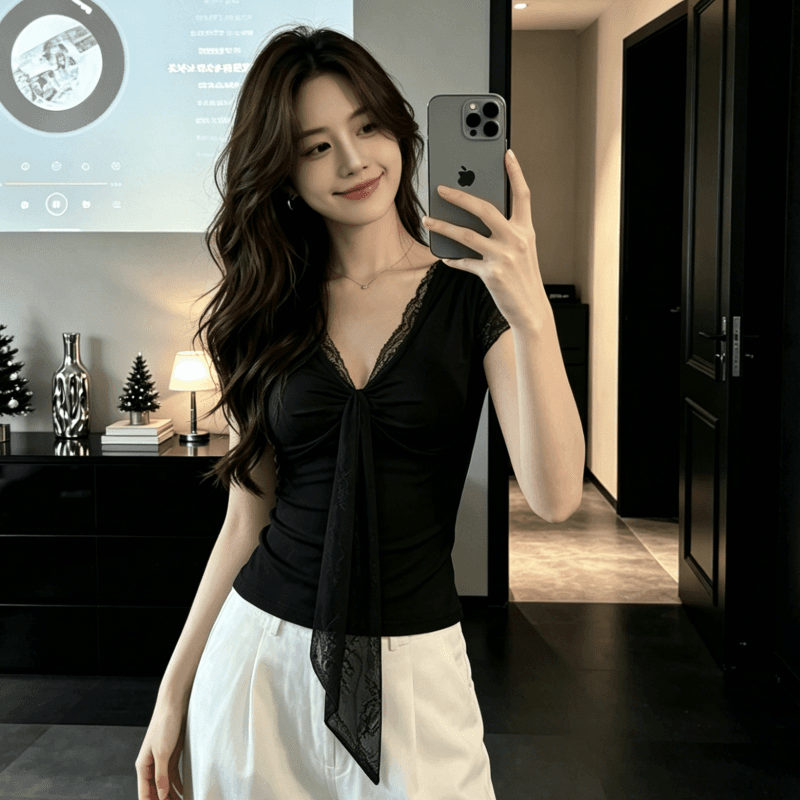 한 부서 미니멀리즘 부드러운 바람 레이스 조각 V넥 순수한 욕망 센스 슬림해 보이는 반팔 티셔츠 다용도 품격 맨위 여성 상세 이미지 6