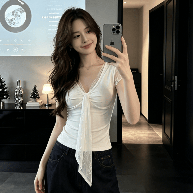 한 부서 미니멀리즘 부드러운 바람 레이스 조각 V넥 순수한 욕망 센스 슬림해 보이는 반팔 티셔츠 다용도 품격 맨위 여성 상세 이미지 7