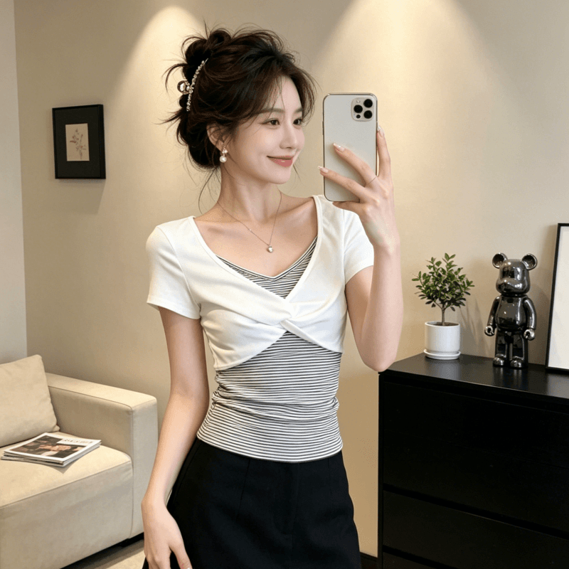 한국 스타일 배색 페이크 레이어드 비틀림 스트라이프 디자인 센스 반팔 티셔츠 여성 여름 달콤함 몸매 가꾸기 맨위 이미지 5