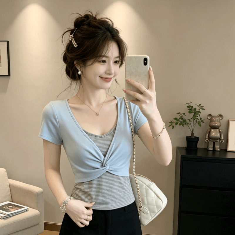 한국 스타일 배색 페이크 레이어드 비틀림 스트라이프 디자인 센스 반팔 티셔츠 여성 여름 달콤함 몸매 가꾸기 맨위