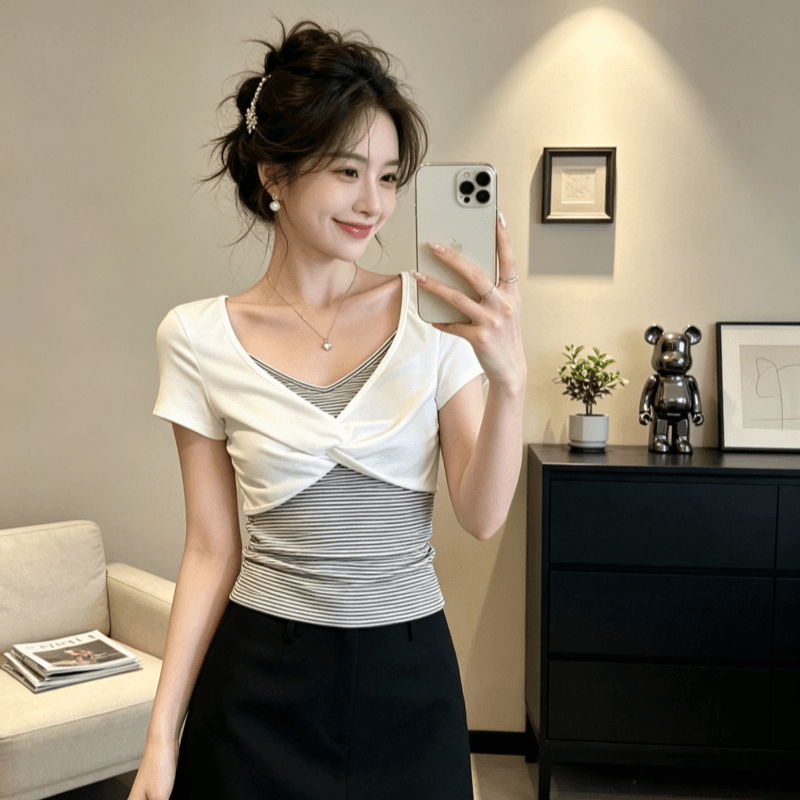 한국 스타일 배색 페이크 레이어드 비틀림 스트라이프 디자인 센스 반팔 티셔츠 여성 여름 달콤함 몸매 가꾸기 맨위 상세 이미지 5