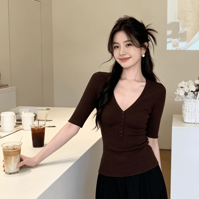 면 색깔 면사 수직 질감 v 종류 반팔 리브 수신 측면 몸매 가꾸기 슬림해 보이는 니트 스웨터 여성 여름 상세 이미지 1