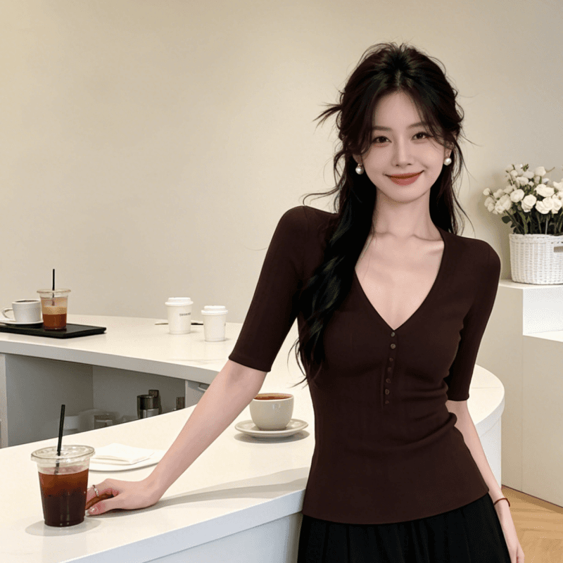 면 색깔 면사 수직 질감 v 종류 반팔 리브 수신 측면 몸매 가꾸기 슬림해 보이는 니트 스웨터 여성 여름 상세 이미지 2