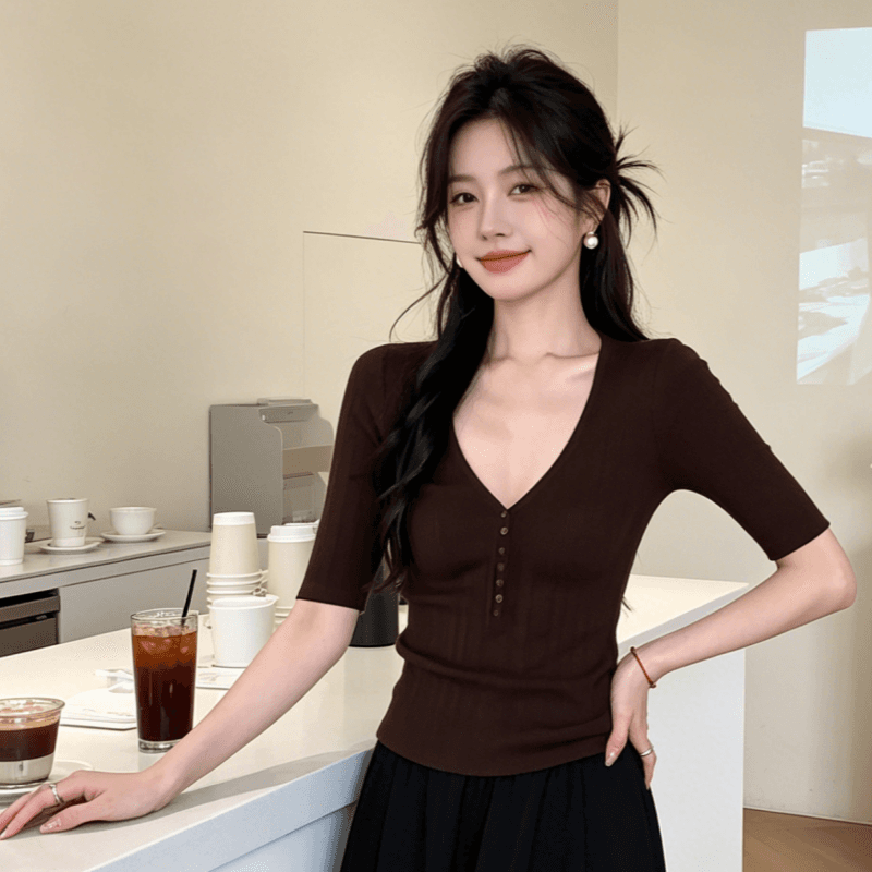 면 색깔 면사 수직 질감 v 종류 반팔 리브 수신 측면 몸매 가꾸기 슬림해 보이는 니트 스웨터 여성 여름 상세 이미지 6