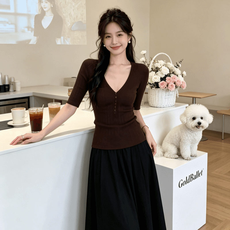 면 색깔 면사 수직 질감 v 종류 반팔 리브 수신 측면 몸매 가꾸기 슬림해 보이는 니트 스웨터 여성 여름 상세 이미지 7