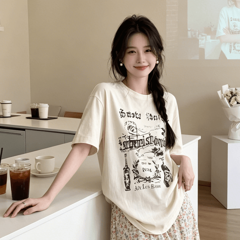 균열 낙서 프린트 반팔 티셔츠 여성 다용도 루즈핏 슬림해 보이는 풀오버 맨위 상세 이미지 2