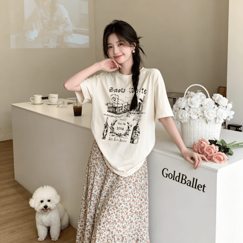 균열 낙서 프린트 반팔 티셔츠 여성 다용도 루즈핏 슬림해 보이는 풀오버 맨위 상세 이미지 4