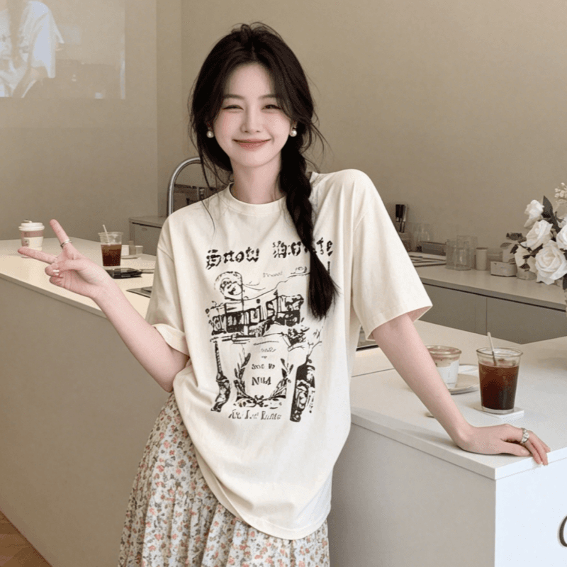 균열 낙서 프린트 반팔 티셔츠 여성 다용도 루즈핏 슬림해 보이는 풀오버 맨위 상세 이미지 5