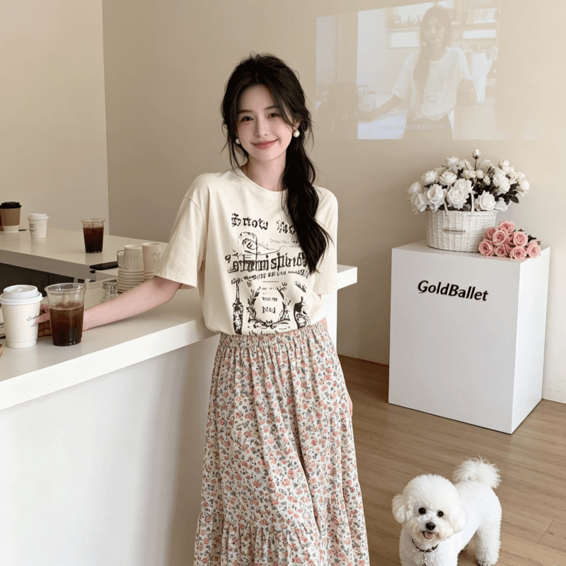 균열 낙서 프린트 반팔 티셔츠 여성 다용도 루즈핏 슬림해 보이는 풀오버 맨위 상세 이미지 6