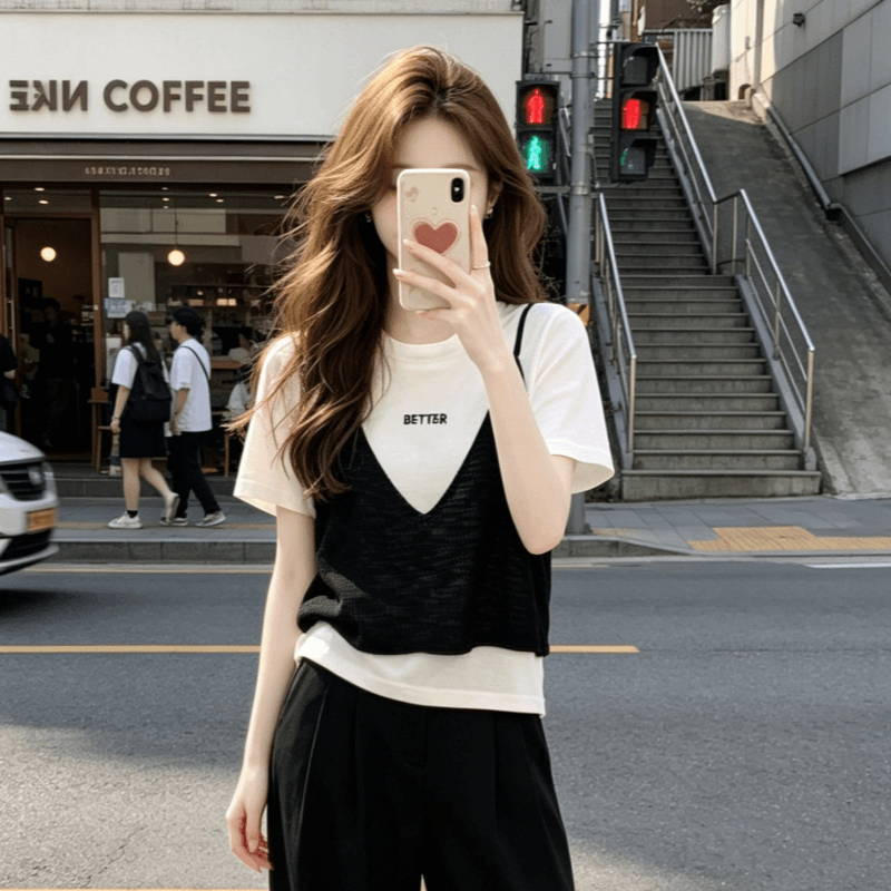 여름 새로운 패션 외국 가스 페이크 레이어드 패치워크 반팔 라운드 넥 니트 스웨터 티셔츠 여성 레저 다용도 맨위 이미지 3