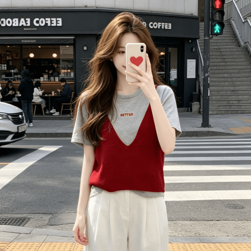 여름 새로운 패션 외국 가스 페이크 레이어드 패치워크 반팔 라운드 넥 니트 스웨터 티셔츠 여성 레저 다용도 맨위 이미지 4