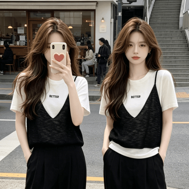 여름 새로운 패션 외국 가스 페이크 레이어드 패치워크 반팔 라운드 넥 니트 스웨터 티셔츠 여성 레저 다용도 맨위 상세 이미지 3