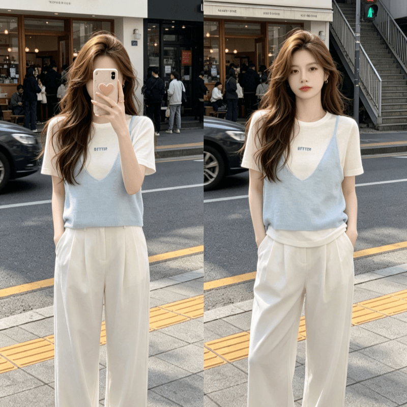 여름 새로운 패션 외국 가스 페이크 레이어드 패치워크 반팔 라운드 넥 니트 스웨터 티셔츠 여성 레저 다용도 맨위 상세 이미지 8