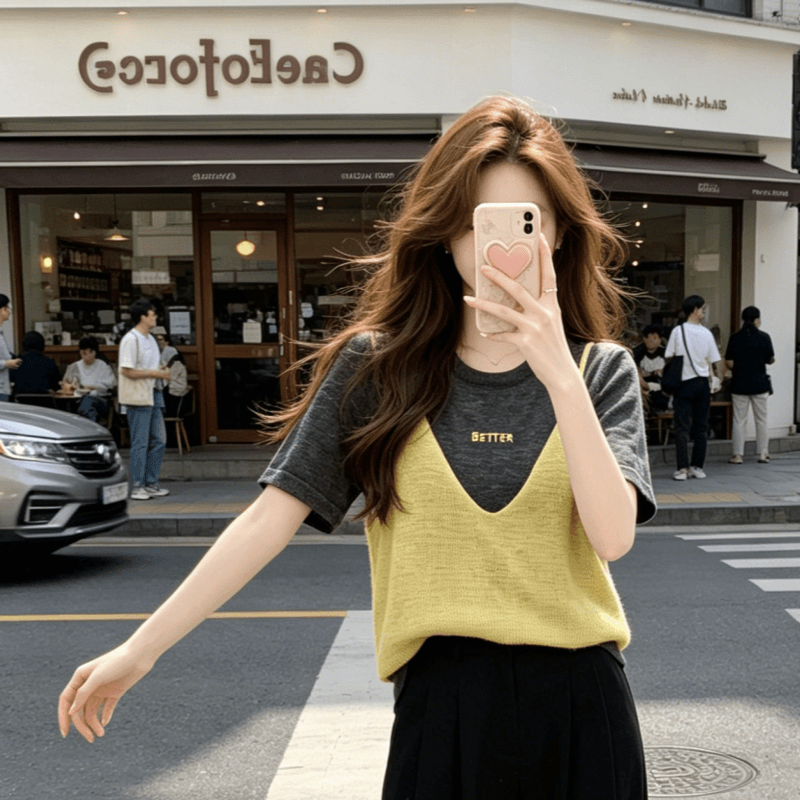 여름 새로운 패션 외국 가스 페이크 레이어드 패치워크 반팔 라운드 넥 니트 스웨터 티셔츠 여성 레저 다용도 맨위 상세 이미지 10
