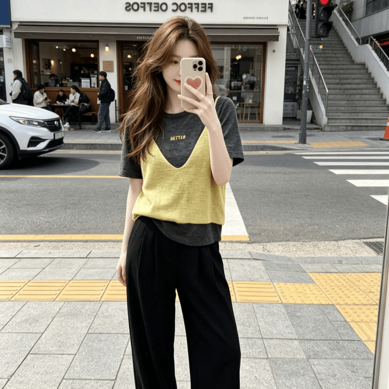 여름 새로운 패션 외국 가스 페이크 레이어드 패치워크 반팔 라운드 넥 니트 스웨터 티셔츠 여성 레저 다용도 맨위 상세 이미지 12