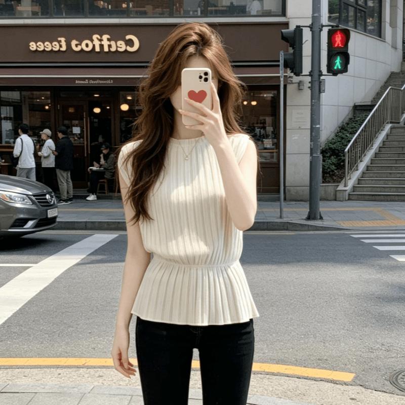 프랑스식 얼음 실크 아마 화이트 니트 조끼 여성 여름 고유 한 아름다운 자이언트 잘 생긴 허리 수축 슬림해 보이는 민소매 맨위 상세 이미지 1