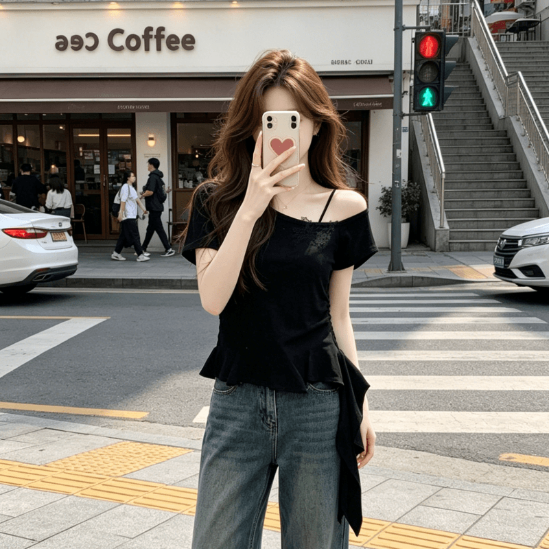 디자인 센스 나비 반팔 티셔츠 여성 여름 슬립 레이스 니트 스웨터 불규칙 프릴 잘 생긴 맨위 이미지 3