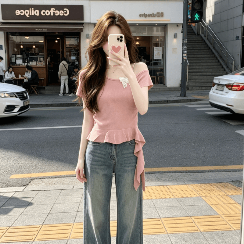 디자인 센스 나비 반팔 티셔츠 여성 여름 슬립 레이스 니트 스웨터 불규칙 프릴 잘 생긴 맨위 상세 이미지 5