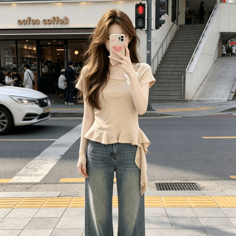 디자인 센스 나비 반팔 티셔츠 여성 여름 슬립 레이스 니트 스웨터 불규칙 프릴 잘 생긴 맨위 상세 이미지 7