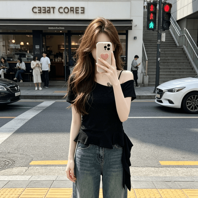 디자인 센스 나비 반팔 티셔츠 여성 여름 슬립 레이스 니트 스웨터 불규칙 프릴 잘 생긴 맨위 상세 이미지 9