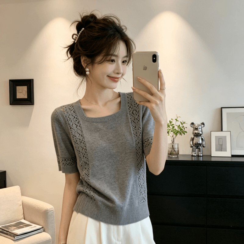 레트로 chic 외국 가스 광장 칼라 반팔 니트 스웨터 여성 2026 여름 새로운 디자인 센스 홀로우 아웃 슬림해 보이는 맨위 여성 이미지 2