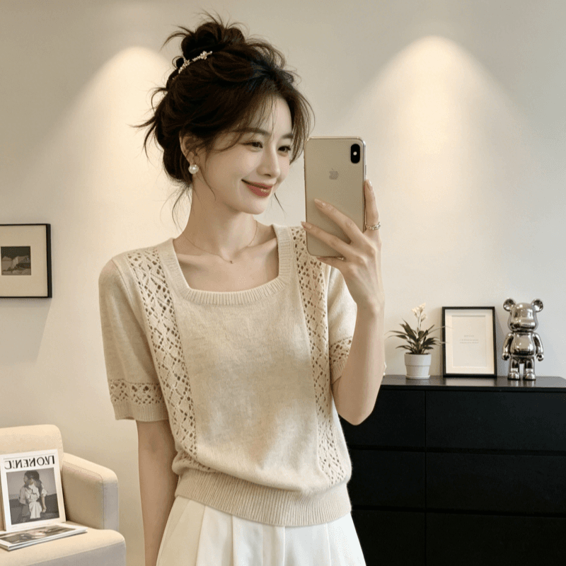 레트로 chic 외국 가스 광장 칼라 반팔 니트 스웨터 여성 2026 여름 새로운 디자인 센스 홀로우 아웃 슬림해 보이는 맨위 여성 이미지 3