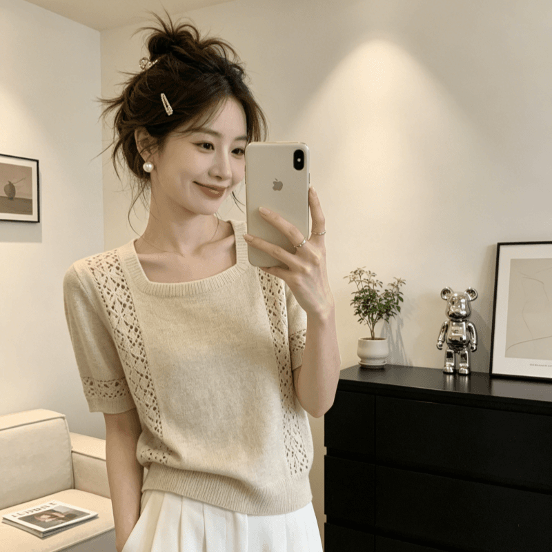 레트로 chic 외국 가스 광장 칼라 반팔 니트 스웨터 여성 2026 여름 새로운 디자인 센스 홀로우 아웃 슬림해 보이는 맨위 여성