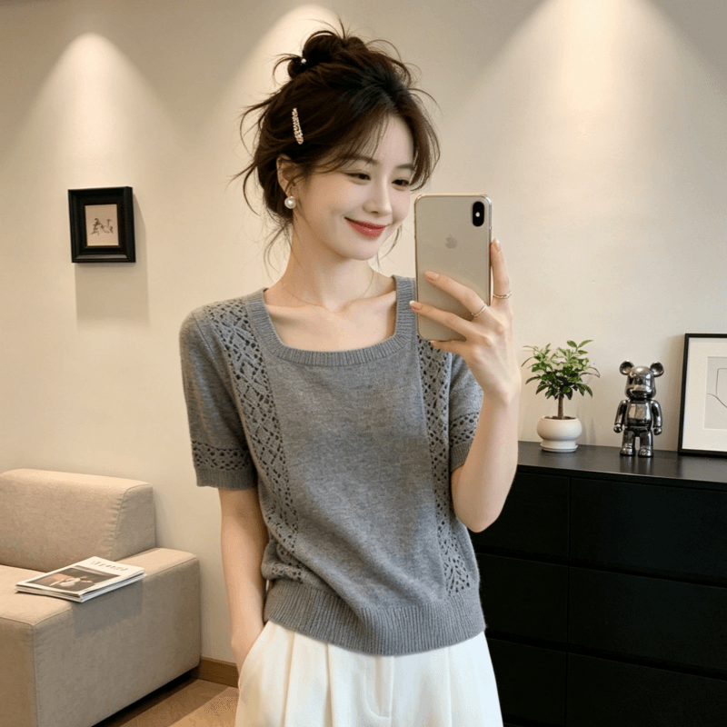 레트로 chic 외국 가스 광장 칼라 반팔 니트 스웨터 여성 2026 여름 새로운 디자인 센스 홀로우 아웃 슬림해 보이는 맨위 여성 이미지 5