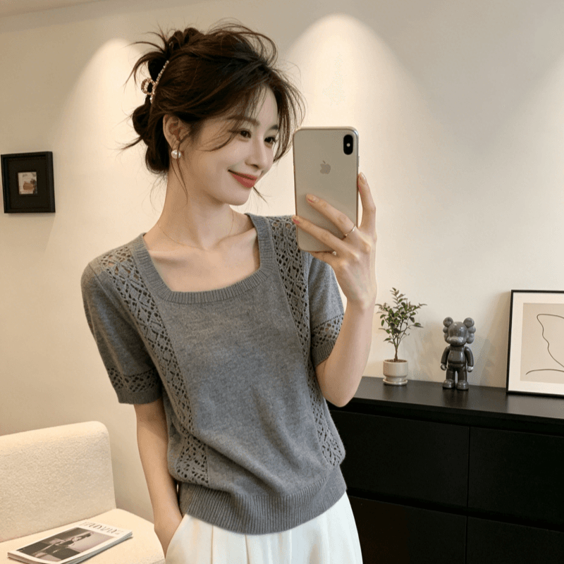 레트로 chic 외국 가스 광장 칼라 반팔 니트 스웨터 여성 2026 여름 새로운 디자인 센스 홀로우 아웃 슬림해 보이는 맨위 여성 상세 이미지 2