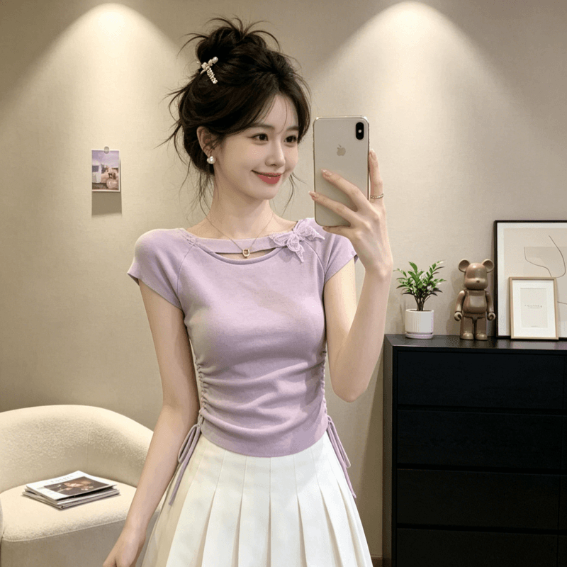 박하 녹색 나비 매듭 반팔 맨위 여성 여름 2025 새로운 도파민 꼬집기 허리 고유 한 아름다운 쇼트 스타일 티셔츠 상세 이미지 6