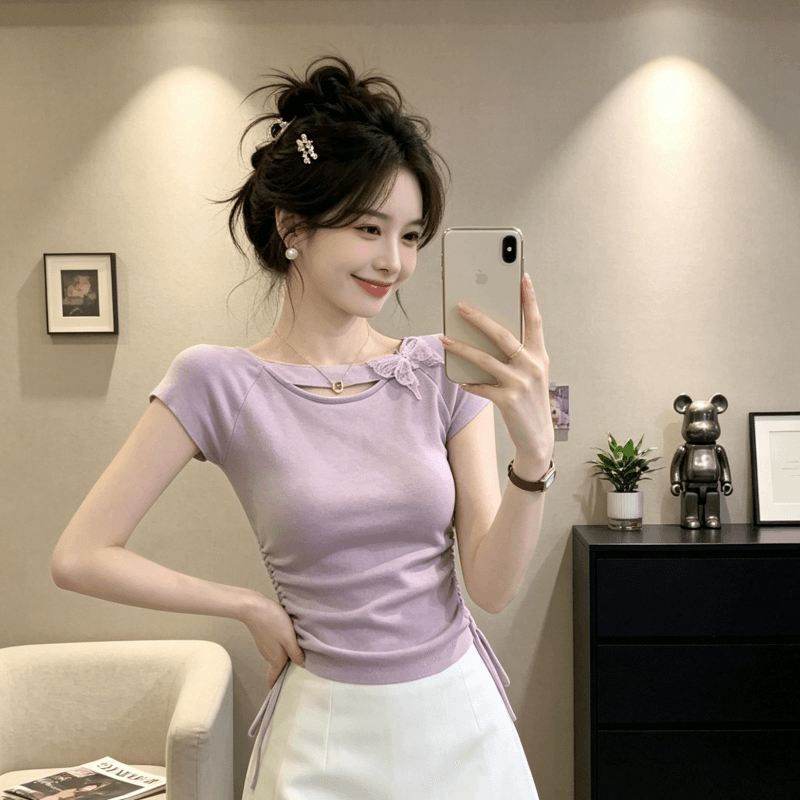 박하 녹색 나비 매듭 반팔 맨위 여성 여름 2025 새로운 도파민 꼬집기 허리 고유 한 아름다운 쇼트 스타일 티셔츠 상세 이미지 8