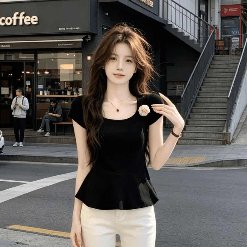 2026 새로운 여름 단색 풀오버 미니멀리즘 달콤한 미국 칼라 슈퍼 몸매 가꾸기 x 종류 반팔 니트 맨위 여성 상세 이미지 7